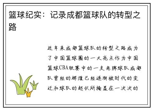 篮球纪实：记录成都篮球队的转型之路