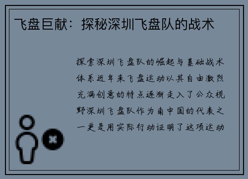 飞盘巨献：探秘深圳飞盘队的战术