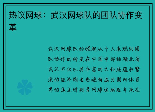 热议网球：武汉网球队的团队协作变革